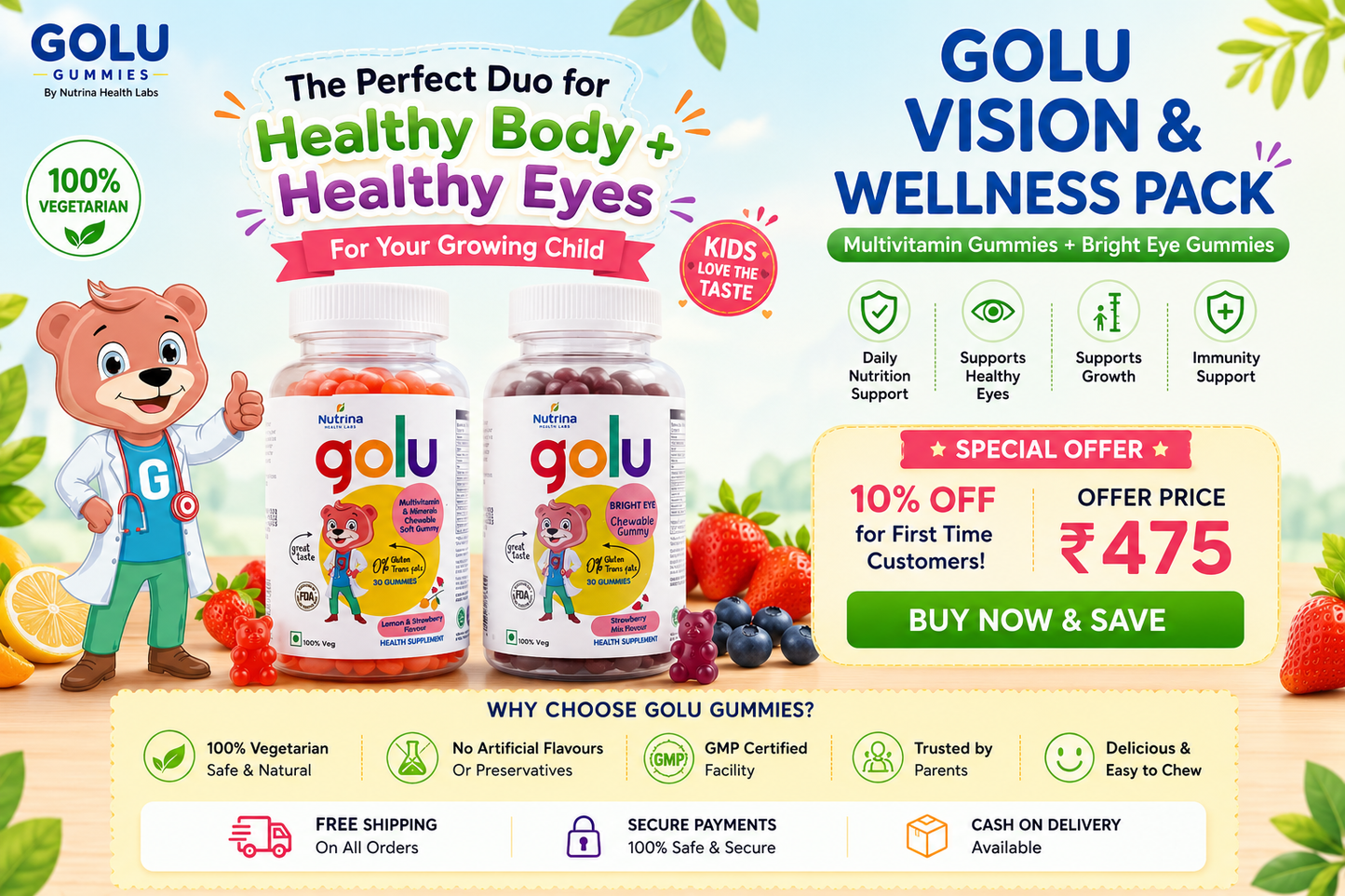 Golu Vision & Wellness Pack Multivitamin Gummies + Bright Eye Gummies (60 Gummies Total)