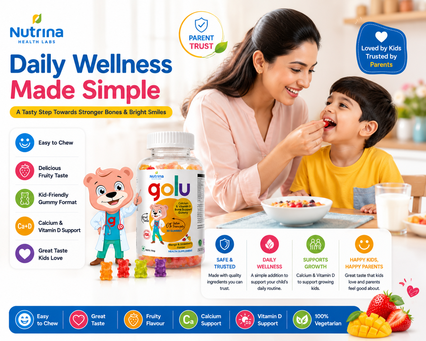 Golu Calcium & Vitamin D Gummies for Kids – Bone Support (30 Gummies)