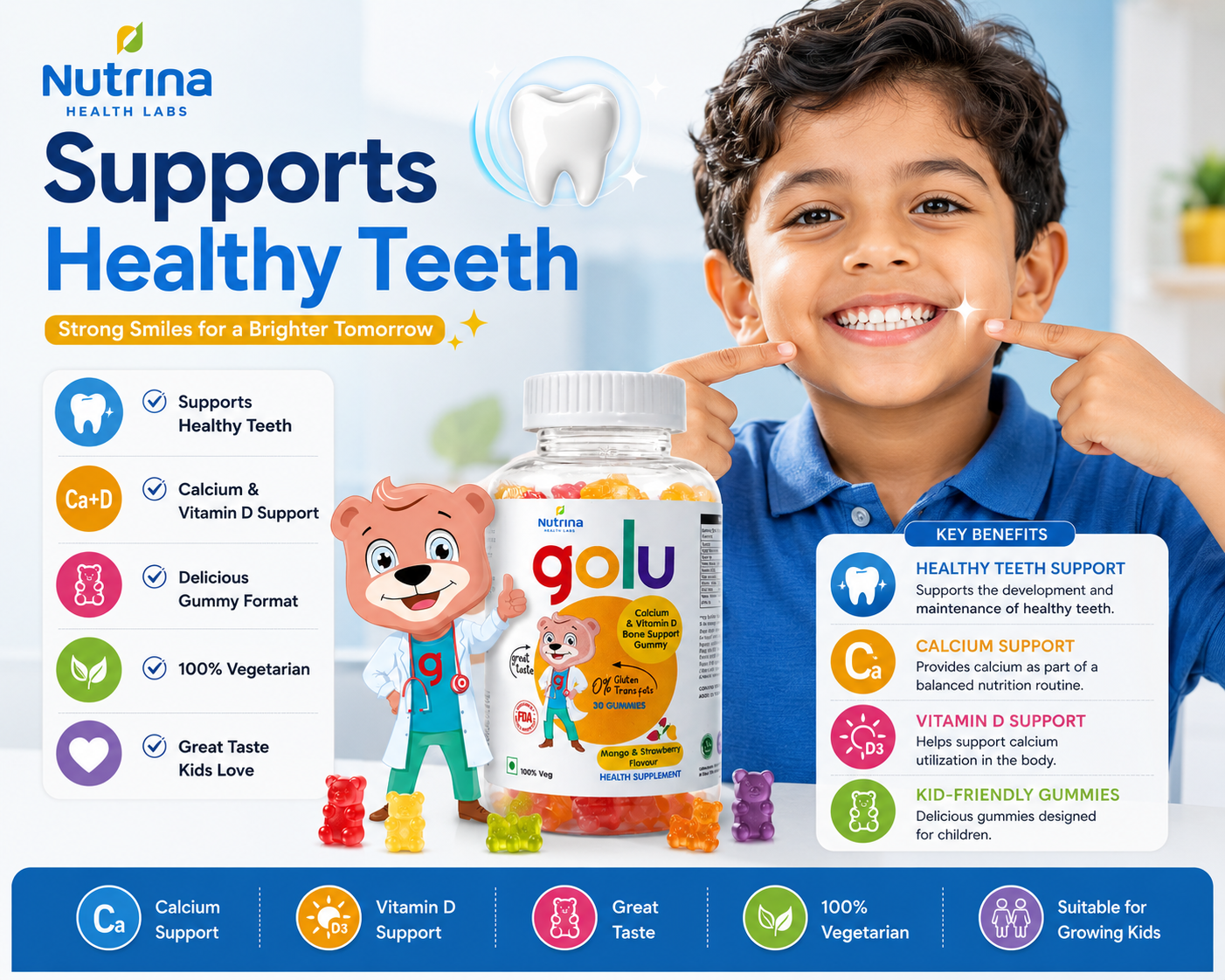 Golu Calcium & Vitamin D Gummies for Kids – Bone Support (30 Gummies)