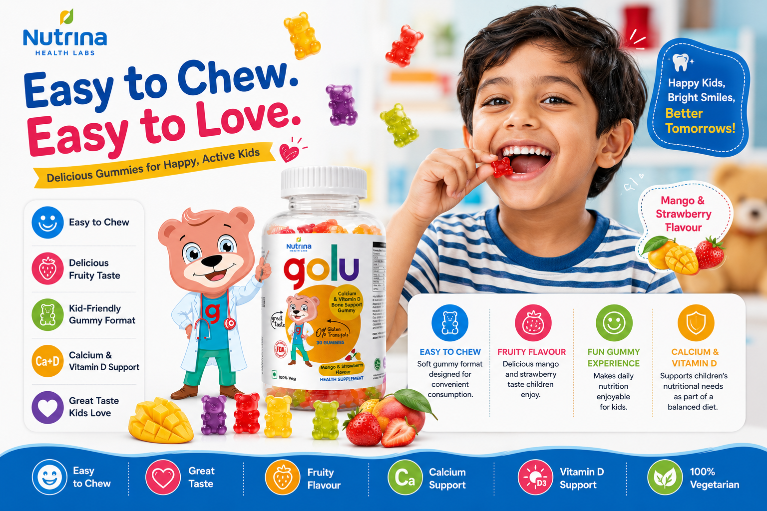 Golu Calcium & Vitamin D Gummies for Kids – Bone Support (30 Gummies)