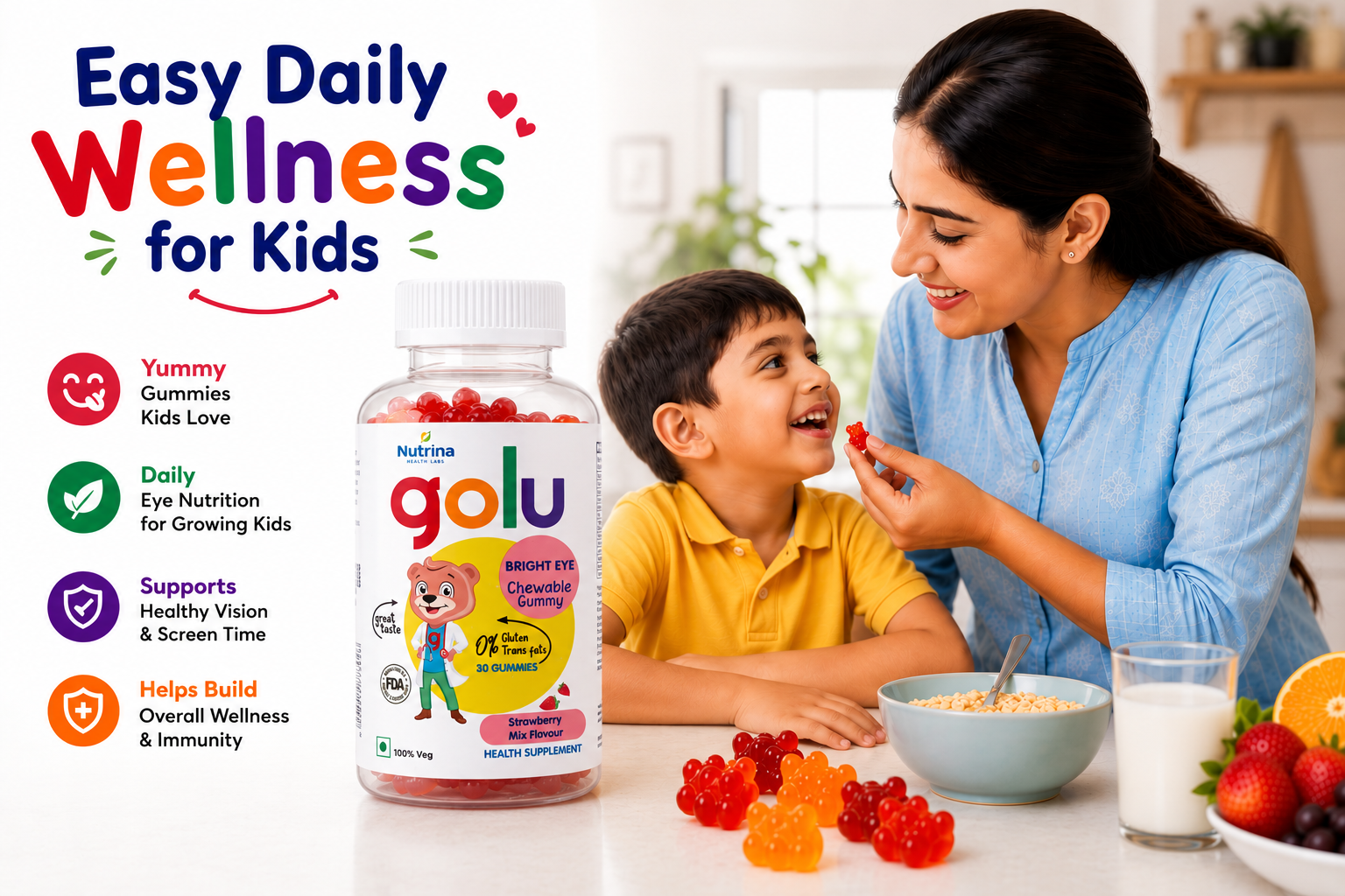 Golu Bright Eye Gummies for Kids – Eye Health & Screen-Time Support (30 Gummies)