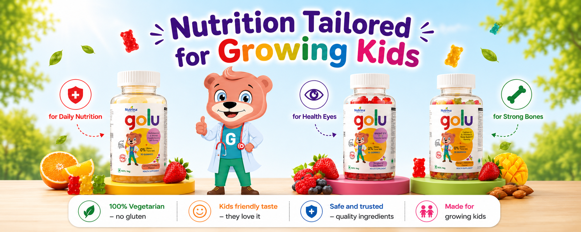 Golu Gummies for Kids featuring Multivitamin, Bright Eye and Calcium Gummies with Dr Golu mascot