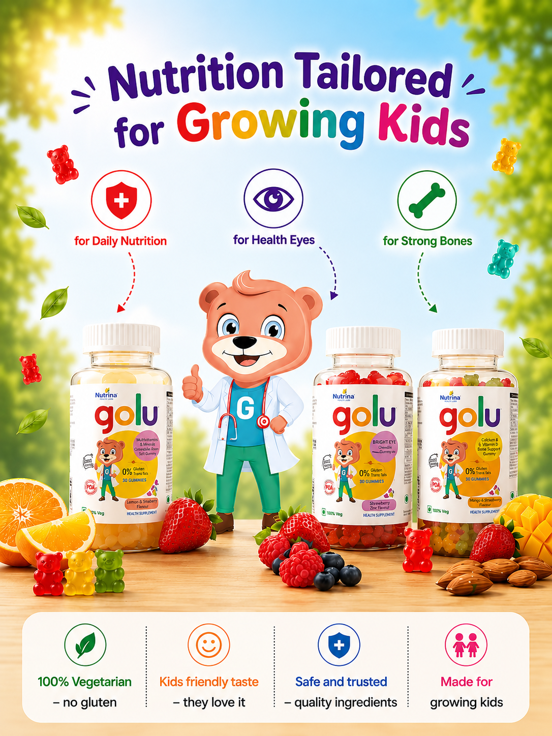 Golu Gummies for Kids featuring Multivitamin, Bright Eye and Calcium Gummies with Dr Golu mascot